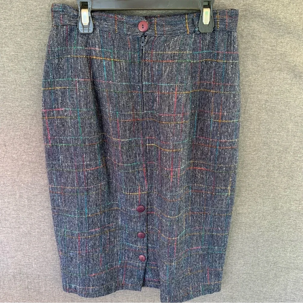 Vintage Classic Navy Tweed Pencil Skirt Women's Size 12 Made in USA 70s 80s Wool